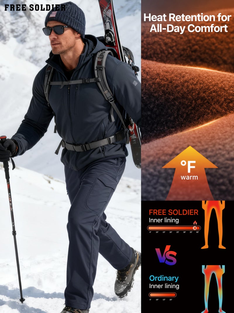 FREE SOLDIER Men's Outdoor Softshell Fleece Lined Cargo Pants Snow Ski Hiking Pants with Belt(Dark Navy 34W x 30L) - Image 3